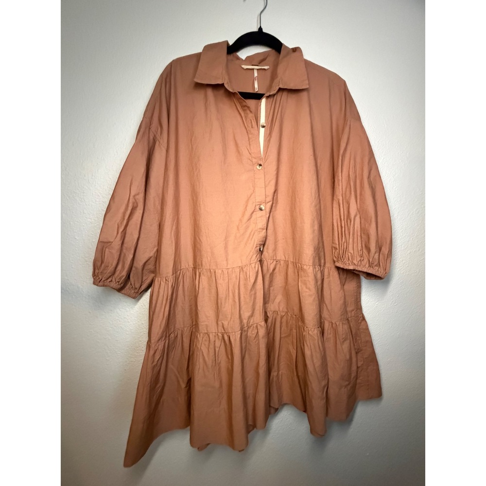 Free People Women Terracotta Tiered Button Down Mini Dress Balloon Sleeve Size M - Picture 2 of 9
